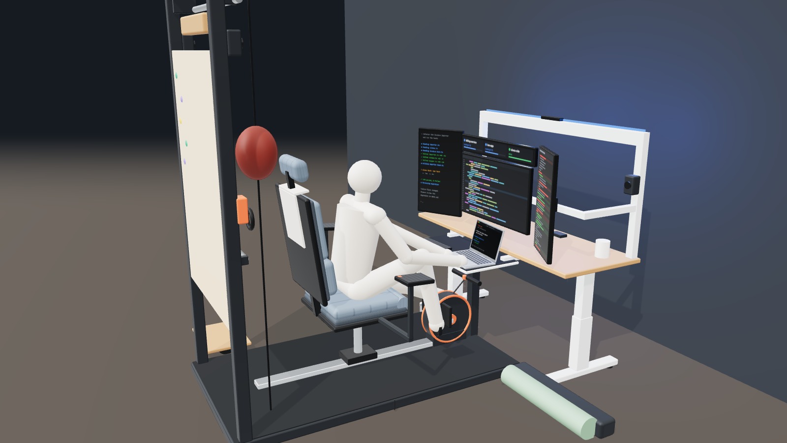 Rendering of the AI Gym Busy Box at night: a person seated at the rig typing on a laptop, three monitors ahead, the wall behind glowing blue because Claude is running.