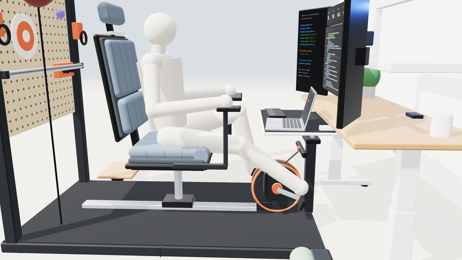 Figure pedaling with split keyboards swung in beside the thighs.