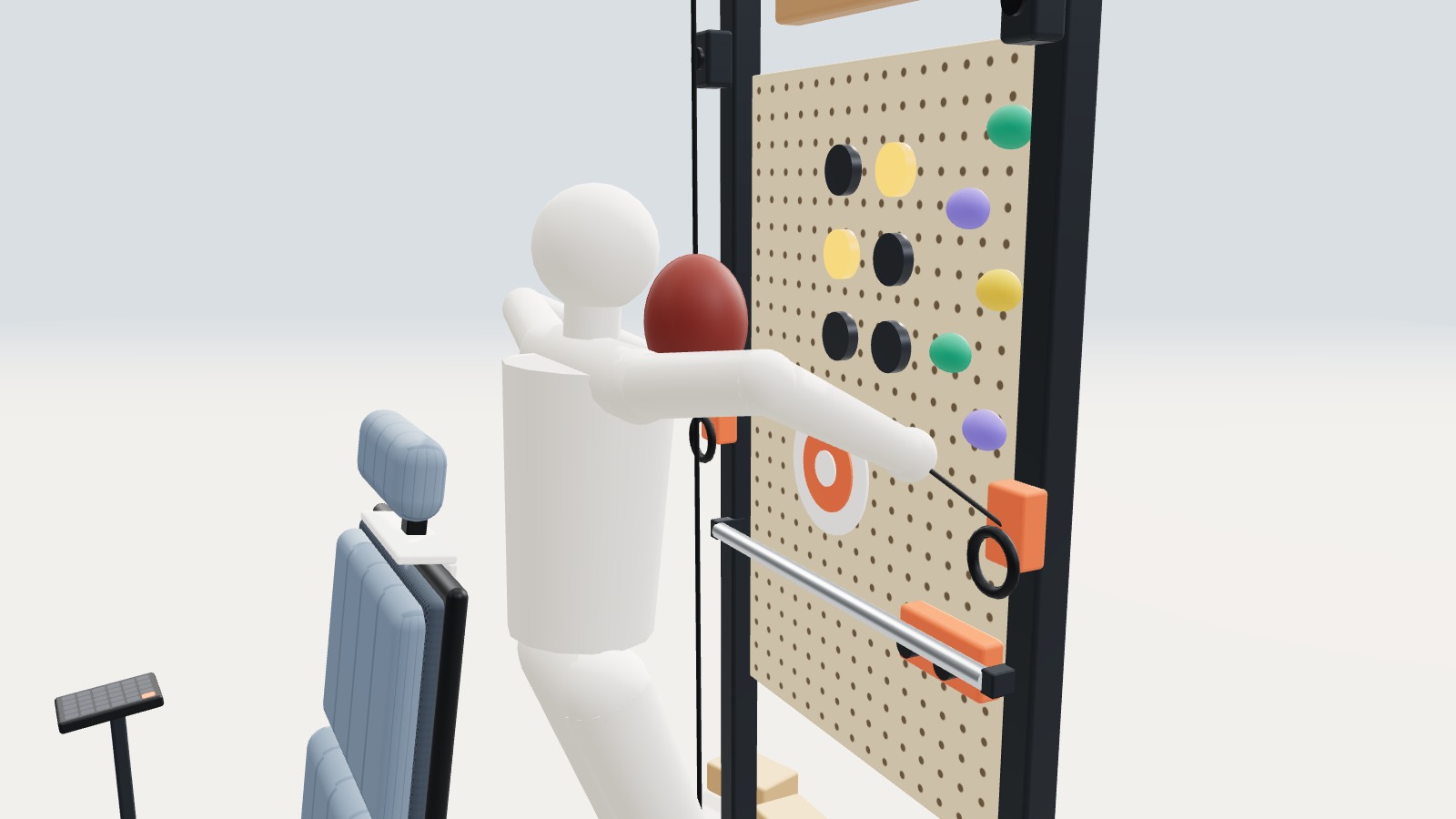Figure doing face pulls at the play wall with reaction lights and climbing holds.