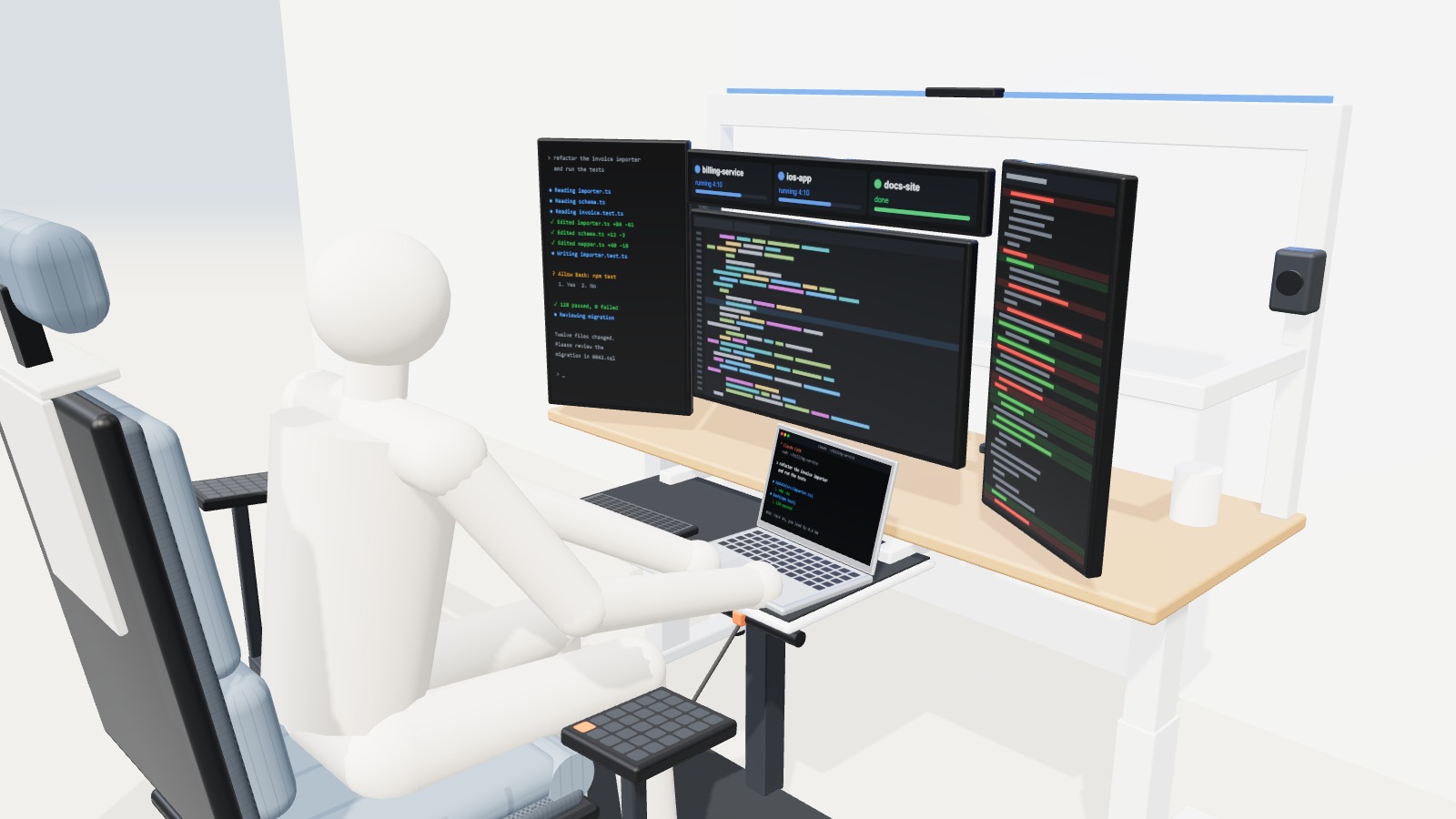 Figure typing on a laptop on the front tray with three monitors ahead.